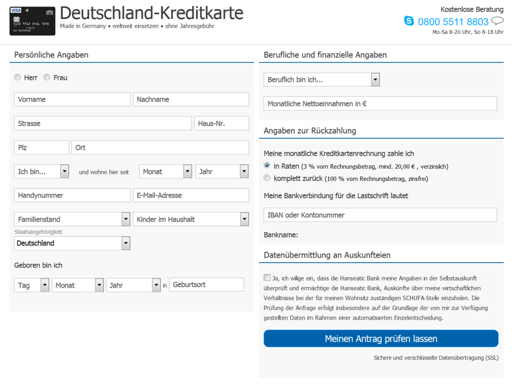Online-Formular Antrag Deutschland-Kreditkarte