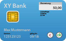 Blaue Dummy-Bankkarte mit integrierten Display für Display-TAN-Verfahren