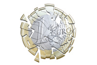 Zersplitterte Euromünze auf weißem Hintetgrund