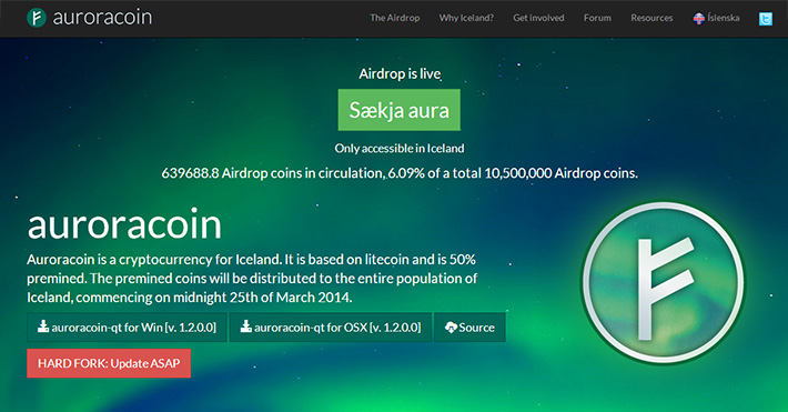 Auroracoin - Website des islandischen digitalen Coins